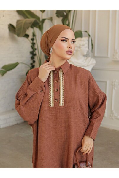 HİJABAYA Λινό τουνίκ - Χαλαρό σχέδιο με κουμπιά και κέντημα με δαντέλα