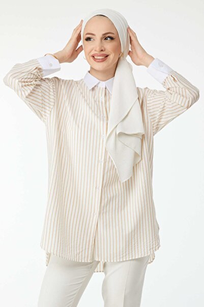 TOFİSA Beige Striped Long Sleeve Shirt Collar Women's Tunic - 24515