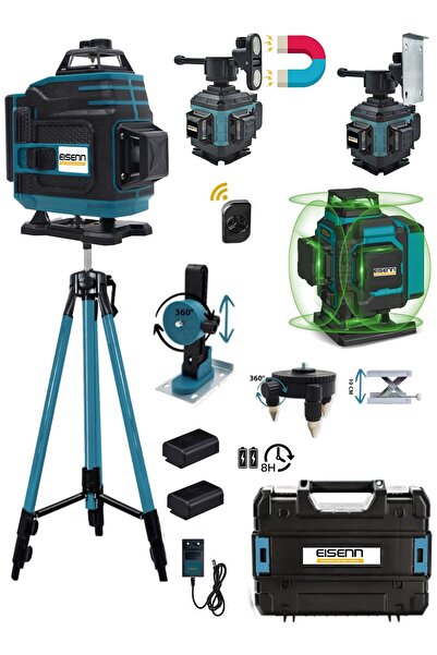 Eisenn Germany Otomatik Hizalamalı 360 Derece Yeşil Lazer Çizgi Terazi 12 Köşe 2 Akülü Tripod Ayak Hediyeli