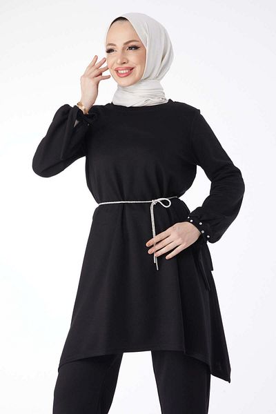 TOFİSA Black Stone Detailed Women's Double Suit - Crew Neck, Stone Mouth Sleeve - 24611