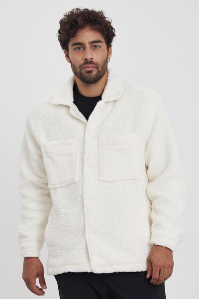 MADZEYMODA Men's Winter Fleece Jacket - Lined, Buttoned, Ecru Plush Mz86059