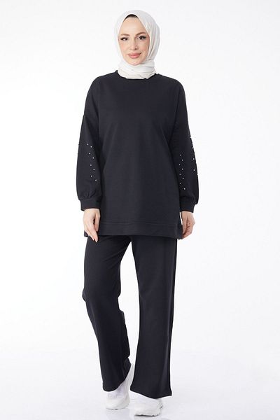 TOFİSA Black Rhinestone Sleeve Straight Crew Neck Women's Tracksuit Set - 13131