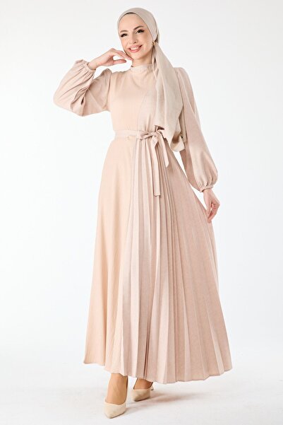 TOFİSA Beżowa, plisowana, szczegółowa sukienka damska z długim rękawem – prosty kołnierzyk – 24427
