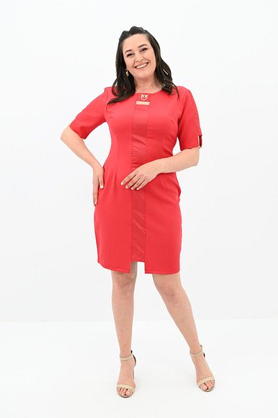 Koza Butik Rochie de damă cu mânecă scurtă, cu detaliu cu rever, mărime mare 5213-24