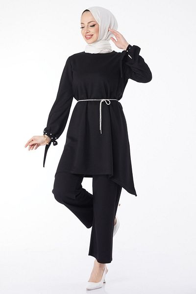 TOFİSA Black Stone Detailed Women's Double Suit - Crew Neck, Stone Mouth Sleeve - 24611