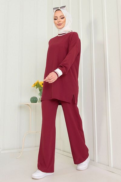 TOFİSA Claret Red Tunic Trousers Plain Crew Neck - Women's 11402