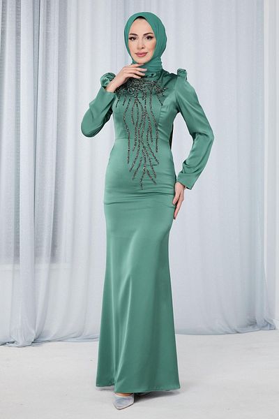 TOFİSA Khakifarbenes gerade geschnittenes Damen-Abendkleid - 23681