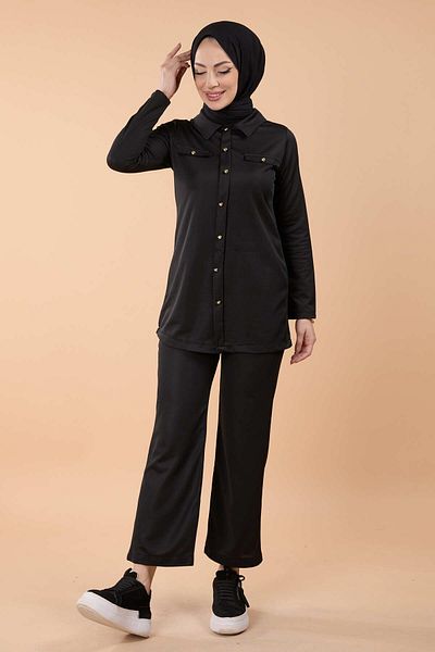 TOFİSA Schwarze Tunikahose für Damen mit geradem Hemdkragen - 13072