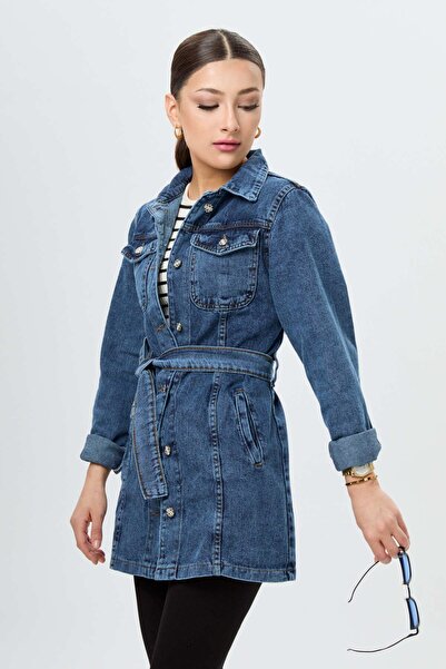 TOFİSA Women's Blue Denim Jacket, Plain Shirt Collar - 23625