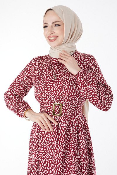 TOFİSA Rochie de damă cu decolteu roșu uni burgundă cu modele - 24941