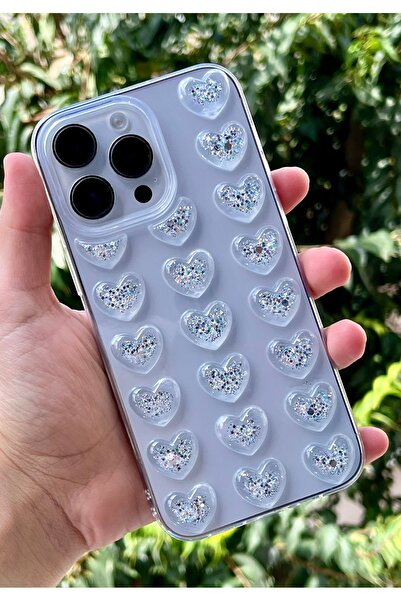 HYPERSOFT Iphone 15 Pro (6.1 inç) Uyumlu 3d Kabartmalı Renkli Simli Kalp Deta...