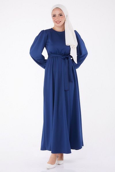 TOFİSA Marineblaues Damenkleid – schlichter Rundhalsausschnitt, Kordelzug – 13246
