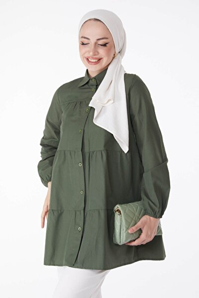 TOFİSA Khaki Colored Women's Tunic - Plain Shirt Collar, Drawstring - 13177