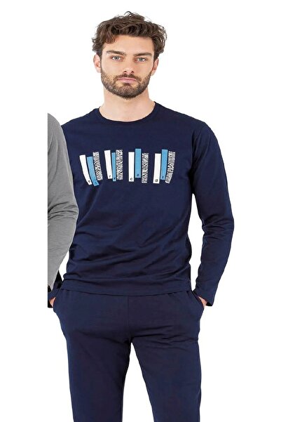 Pierre Cardin Синій чоловічий піжамний комплект - бавовняна тканина, довгі рукави, кишені, комір-стійка, симетричний принт