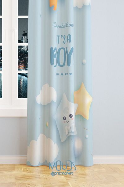 Moud's Men's Blue Patterned Suede Background Curtain - Children's and Baby's Room, Digital Printed Extra String - Single Wing