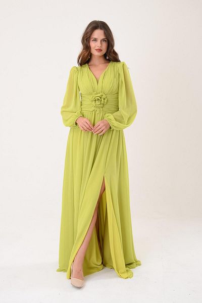SpringStore Long Sleeve and Acid Waist Rose Evening Dress