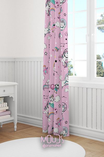 Moud's Pink Unicorn Patterned Children's and Baby's Room - Suede Digital Printed, Extra-For Drawstring, Single Wing
