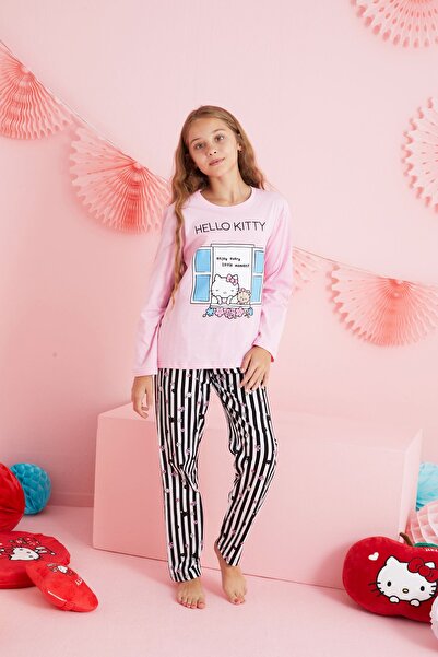 Siyah İnci Hello Kitty Lisanslı %100 Pamuk Pembe Çok Renkli Bisklet Yaka Pijama Takım HK208
