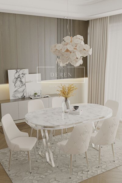 DEREN HOME Fe Serisi Lak Panel Beyaz Mermer Masa Krom Metal Ayak Masa Takımı ...