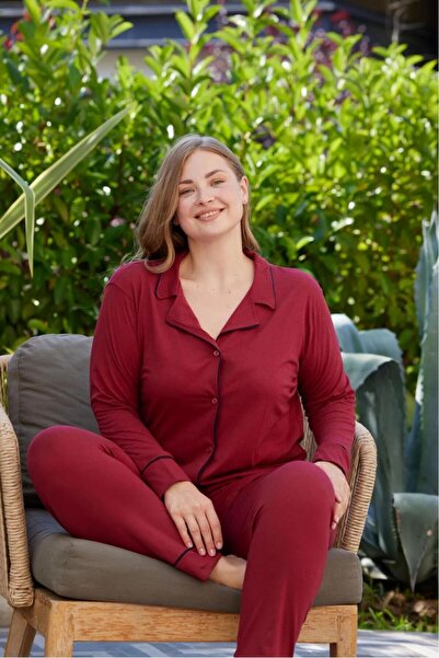 pijamacity Büyük Beden Kadın Bordo Uzun Kollu Pamuklu Düğmeli Biyeli Pijama Takımı