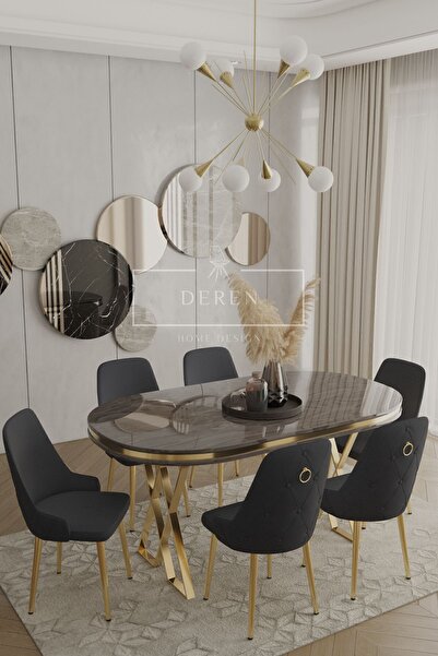 DEREN HOME Nef Serisi Lak Panel Mdf Antrasit Renk Masa 90x168 Gold Ayak Masa ...