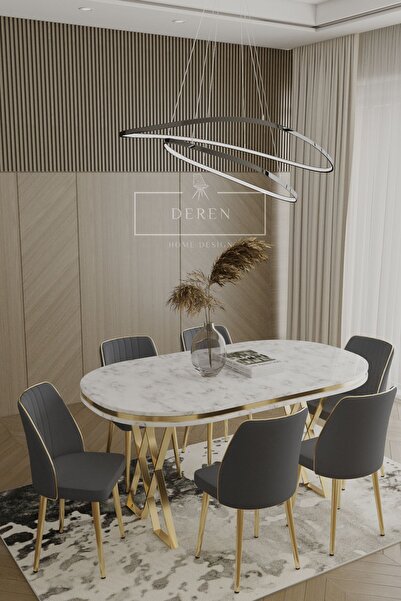 DEREN HOME Lam Serisi Mdf Lak Masa 90x168 Gold Metal Ayak 6 Adet Füme Baby Fa...