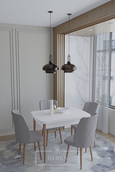 DEREN HOME Arya serisi 70x110 sabit masa +4 açık gri sandalye silinebilir ith...