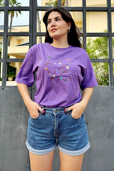 İpli Μπλουζάκι Unisex Μωβ Κεντημένο Oversize - Love Print