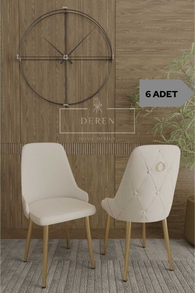 DEREN HOME Nef serisi 6 adet mutfak salon sandalyesi gold metal ayak silinebi...