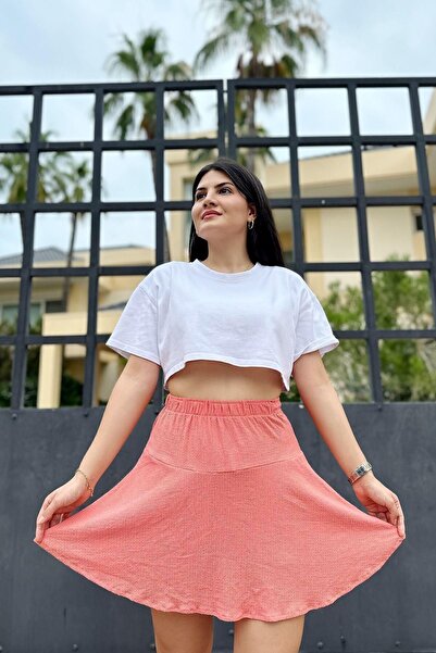 İpli Pembe Renk Bürümcük Kumaş Etek Şort