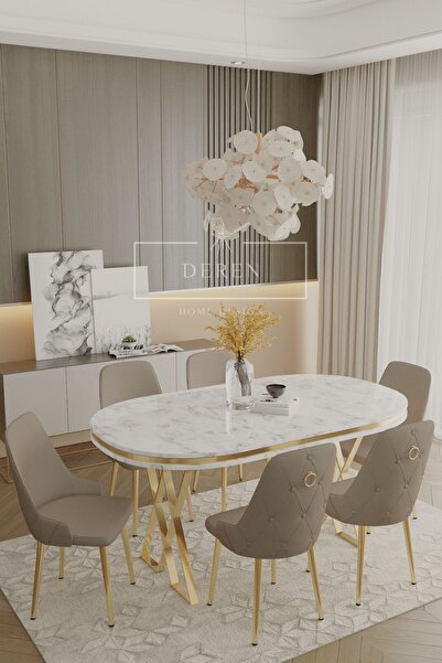 DEREN HOME Nil Serisi Lak Panel Mdf Beyaz Mermer Desen Masan 90x168 Gold Ayak...