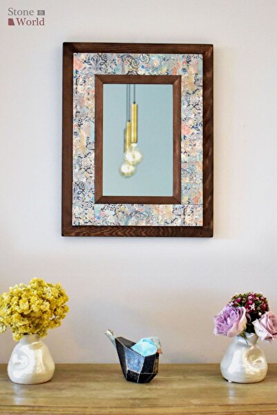 Stone World Vintage Temalı, Masif Ahşap Ve Desenli Mermerden Dekoratif Ayna -...
