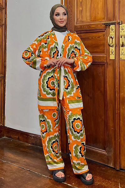 julude Viscose Hijab Παντελόνι και Μπλούζα Κιμονό - Πορτοκαλί Σετ Δίκλινο