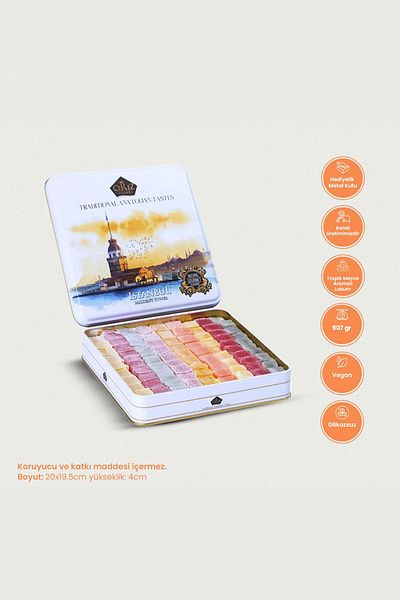 Çerez Pazarı 725Gr Gluten Free Vegan Turkish Delight - in a Gift Metal Box, 6 Types of Fruit Flavor, Glucose Free