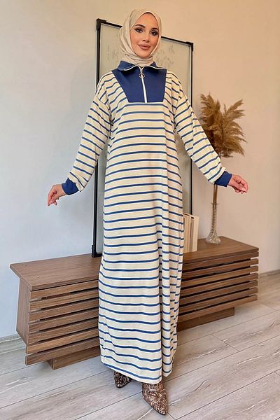 julude Beejindigo Hijab Dress - Ριγέ και μισό φερμουάρ