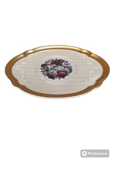 Sedef 0021 Medium Rose Oval Tree Tray - Gold Color+Pearl 46*36 cm