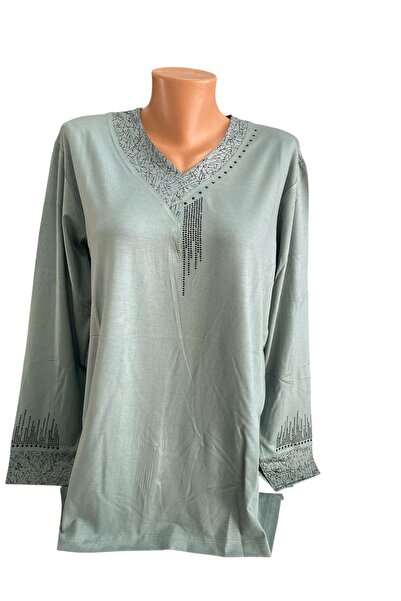 BURSPA Aqua zelena bluza sa V-izrezom i biserima T Sa kamenčićima Udobna K kr...
