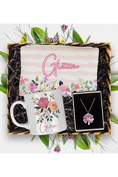 EJOYA Kişiye Özel Kupa & Makyaj Çantası & Kişiye Özel Şans Yoncası Kolye Hedi...