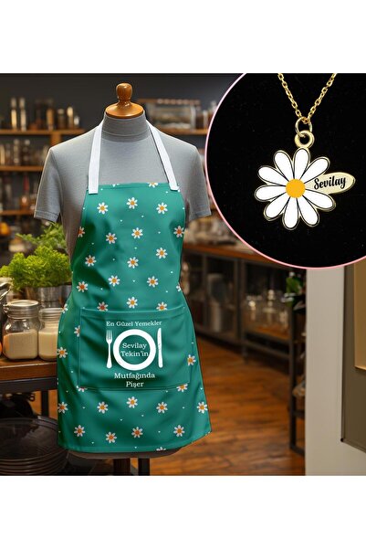 EJOYA Kişiye Özel Anneler Günü Temalı Mutfak Önlüğü & Papatya Kolye Hediye Se...