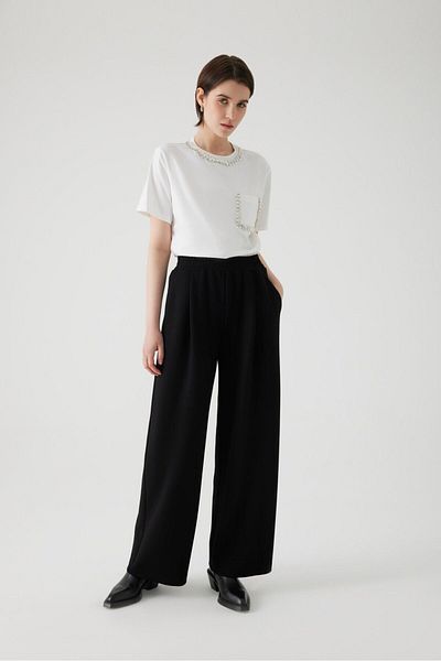 Exquise Wide Leg Regular Trousers - Elastic Waisted