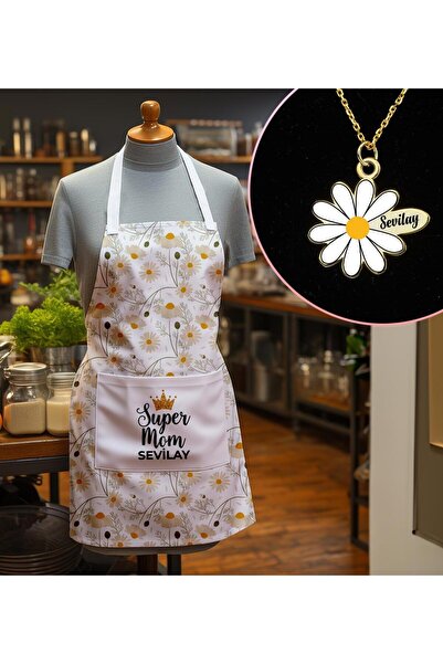 EJOYA Kişiye Özel Isimli Süper Anne Mutfak Önlüğü & Papatya Kolye Hediye Seti...