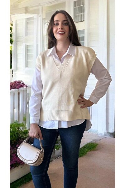 Entropy V Yaka Önü Kısa Arkası Uzun  Süveter - Krem