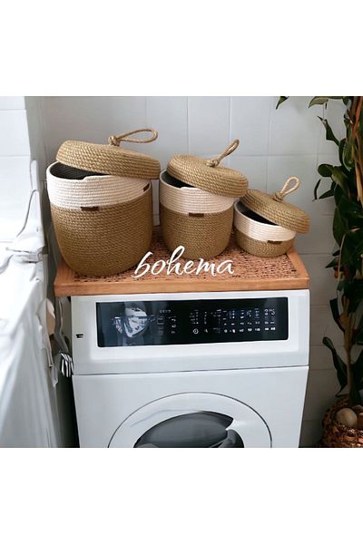 Bohemahomedecor Плетена кошница от юта с троен капак