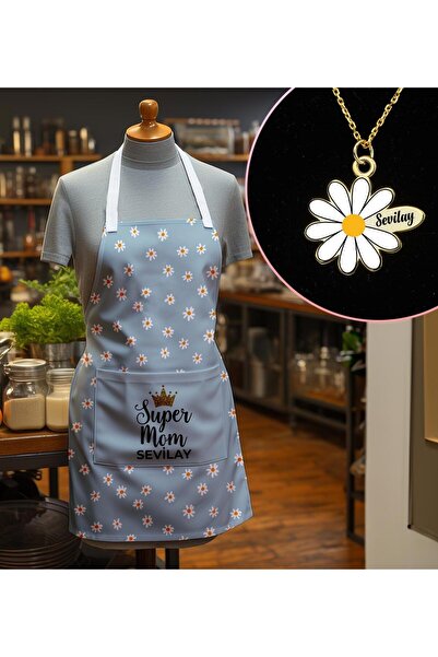 EJOYA Kişiye Özel Isimli Süper Anne Mutfak Önlüğü & Papatya Kolye Hediye Seti...