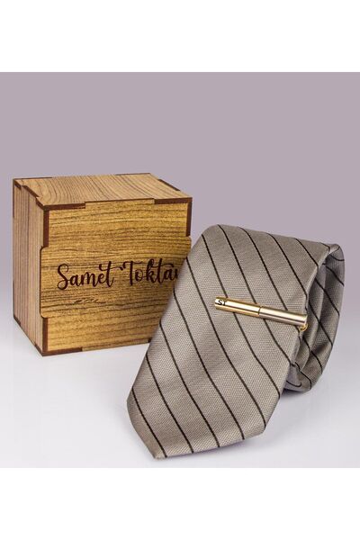 EJOYA Kişiye Özel Ahşap Kutuda Kravat & Kişiye özel Kravat İğnesi 111586 (Gri)
