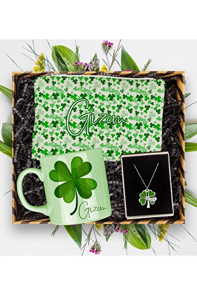 EJOYA Kişiye Özel Kupa & Makyaj Çantası & Kişiye Özel Şans Yoncası Kolye Hedi...