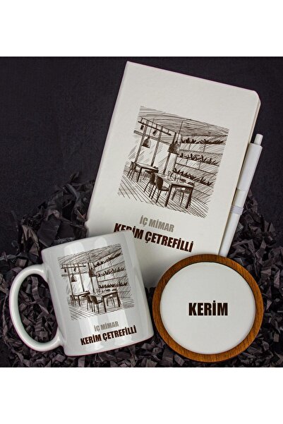 EJOYA Kişiye Özel İç Mimar Tasarım Defter Kupa Ve Bardak Altlığı Hediye Seti ...