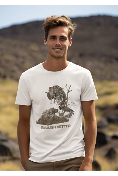 WİDİ تي شيرت أبيض مناسب للصيد من Hunter Wooded English Setter مع نص مطبوع 100...