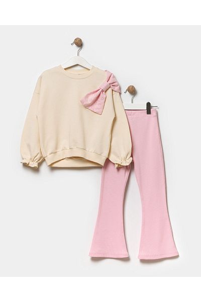Minipodyum Girl's Bow Sweatshirt and Cotton Spanish Leg Tights Set