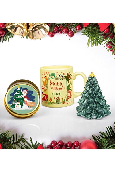 EJOYA Kişiye Özel Yeni Yıl Tasarımlı Kupa & Metal Kutusunda Mum & Çam Ağacı Biblo Seti 110679